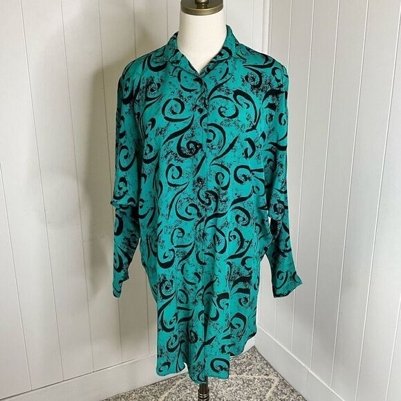 Vintage Saint Jermaine Paris Womens 1X Button Front Tunic Top Green Black Swirls - Picture 1 of 16